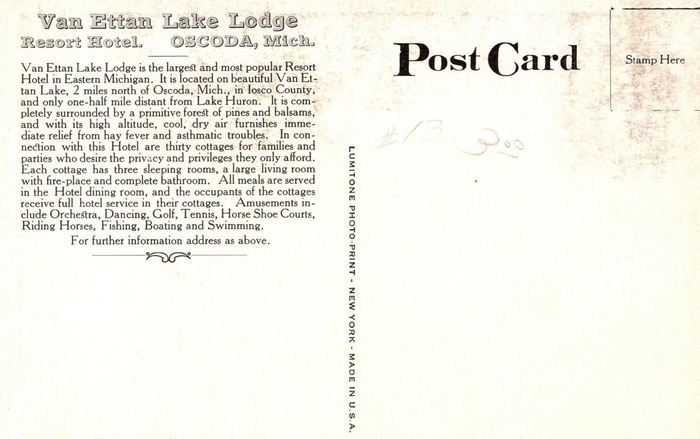 Van Ettan Lake Lodge (Van Etten Lake Lodge) - Postcard Back For Van Ettan Lodge